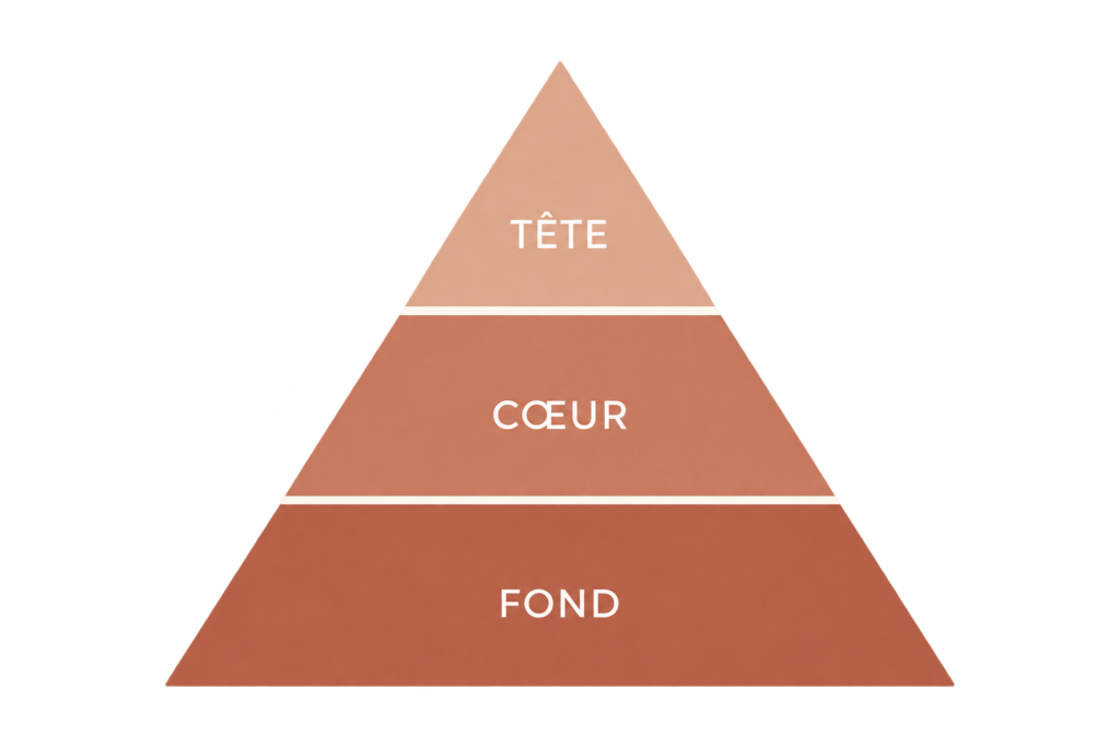 Pyramide olfactive présentant les notes de tête, de cœur et de fond du parfum Maou Candle