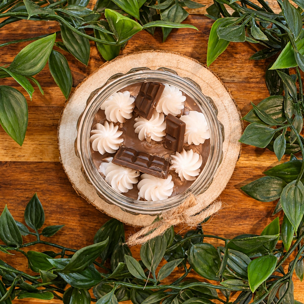 Bougie Choco Crème avec décorations gourmandes vue de dessus