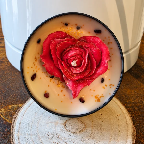 Cœur de rose – présentation Bougie décorative Cœur de rose avec grande rose rouge