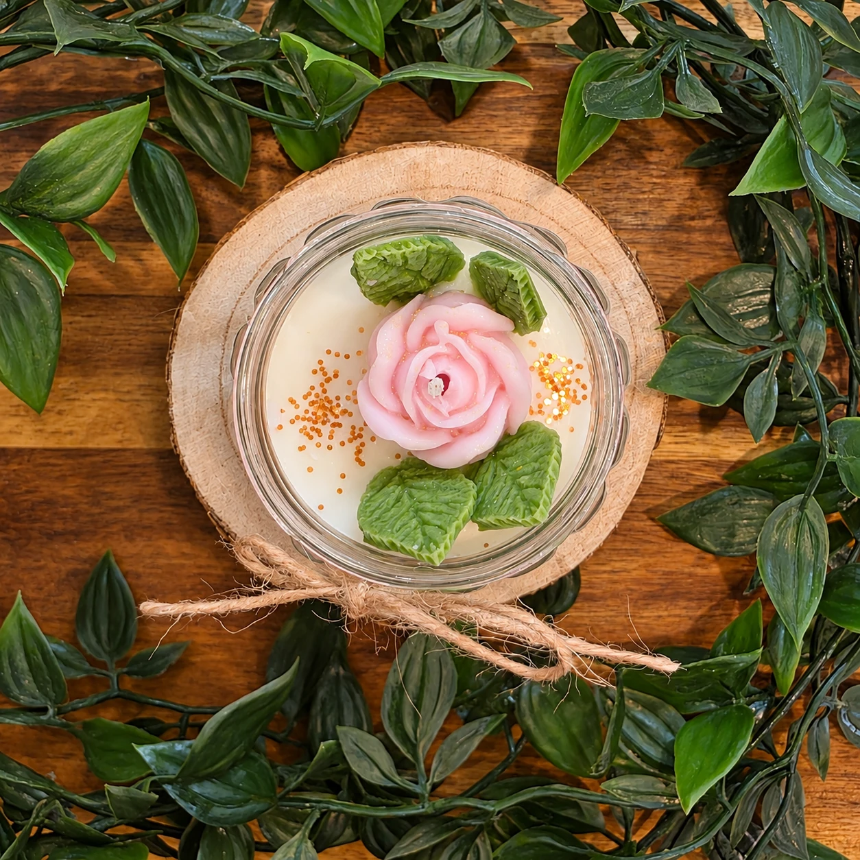 Bougie Rose avec fleur rose et feuilles vertes vue de dessus