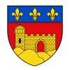 Blason de Montbrison avec trois fleurs de lys dorées sur fond bleu et un château doré sur fond rouge.